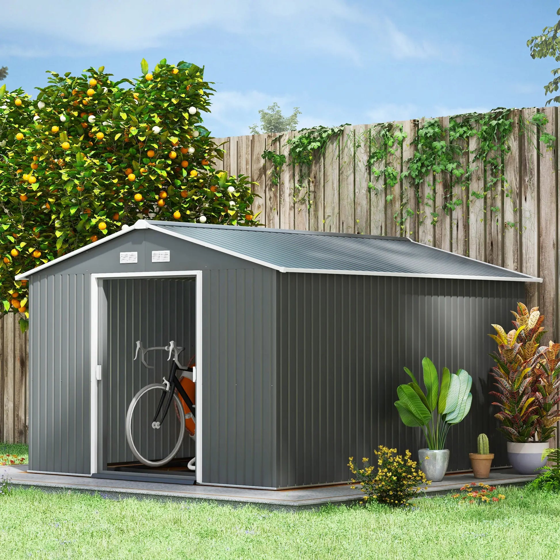 9' x 10.6' Garden Storage Shed, Foundation Kit, Double Doors, Light Grey Sheds at Gallery Canada