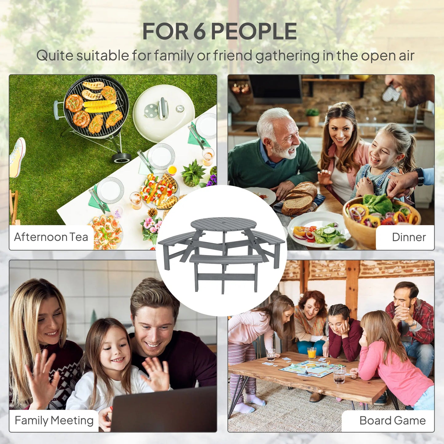 6 Person Round Picnic Table, With Umbrella Hole, 3 Built-in Benches, Grey Outdoor Dining Sets at Gallery Canada