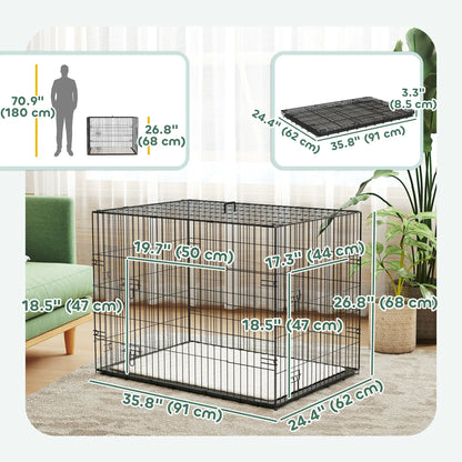 35" Dog Crate, Folding Metal Cage, Removable Tray, Cushion, Black