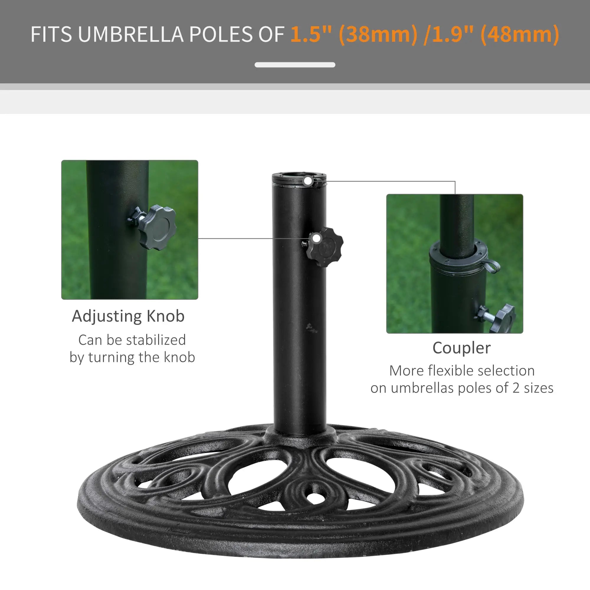 Round Cast Iron Umbrella Base Stand, Outdoor Patio Garden, Fits 1.5