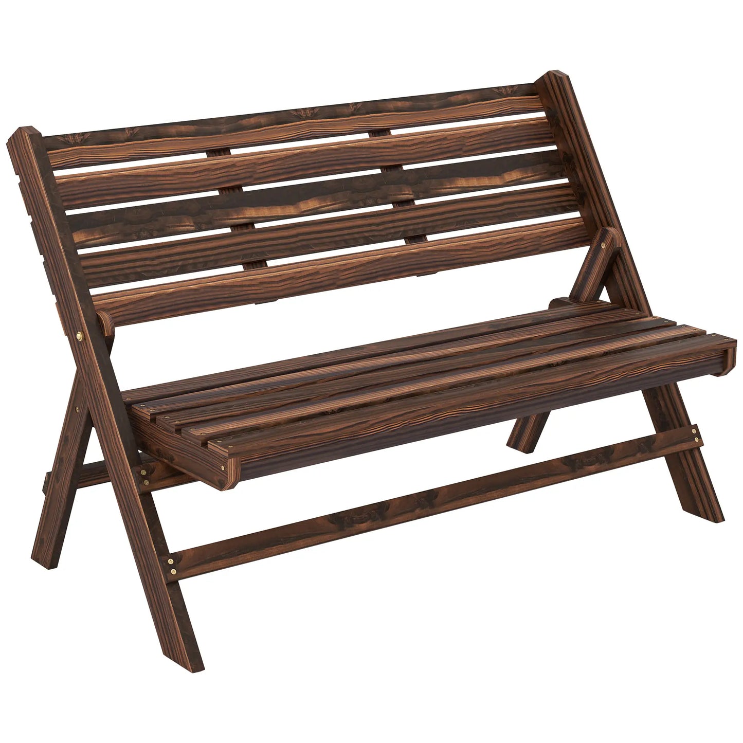 2-Seater Wooden Outdoor Bench, Foldable, Slatted Backrest, Carbonised Finish Outdoor Benches Carbonised Finish at Gallery Canada