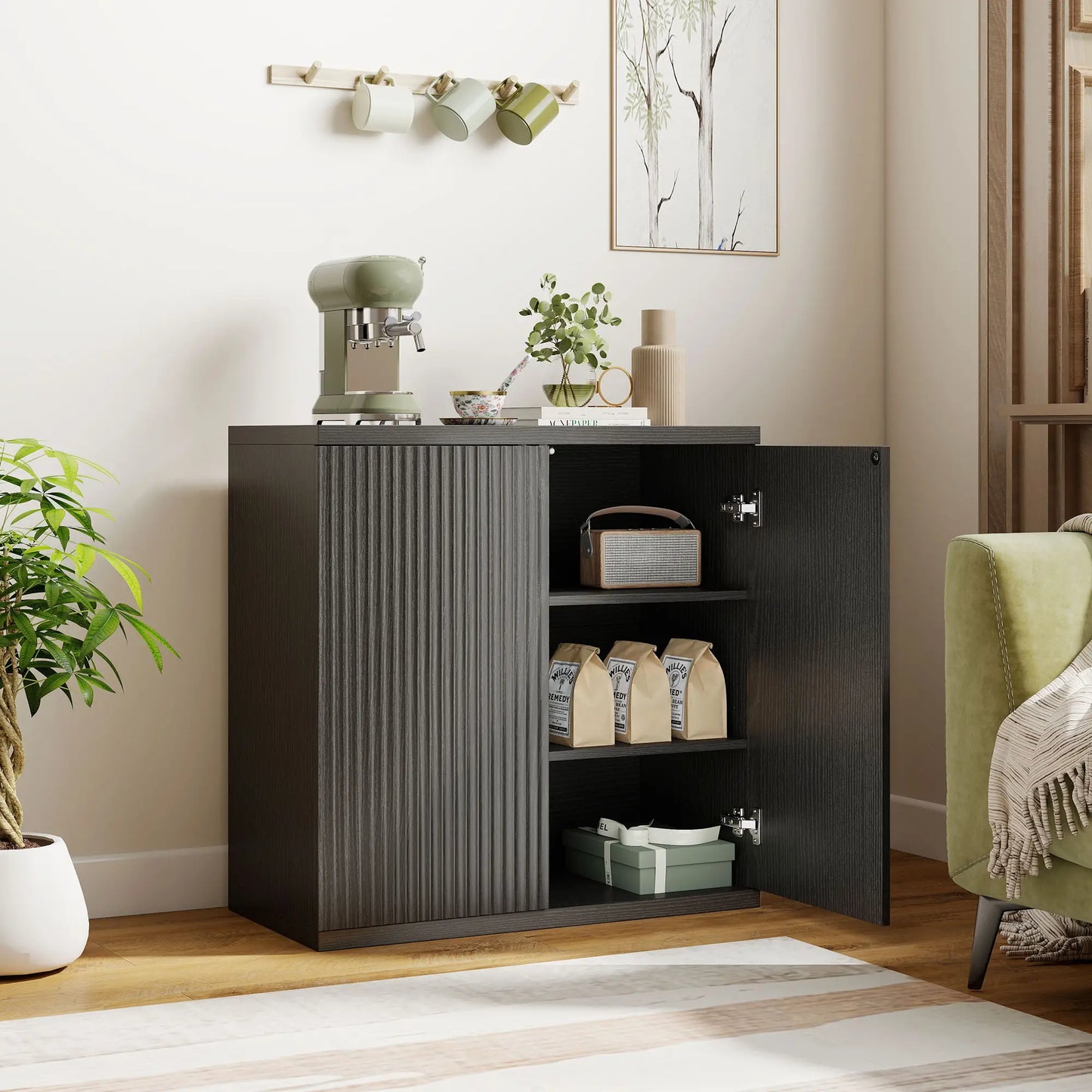 Sideboard Buffet Cabinet, 30.7", Distressed Black Grey Bar Cabinets at Gallery Canada