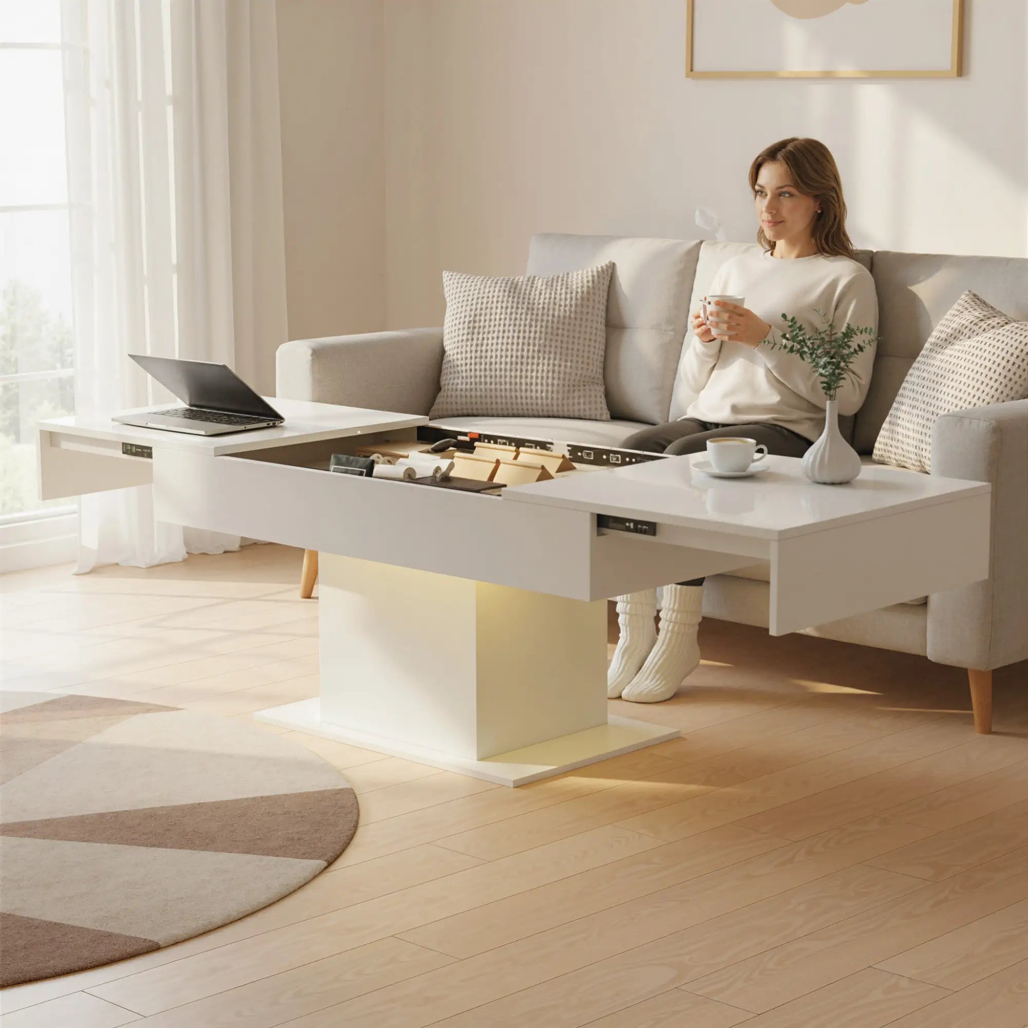 Extendable Coffee Table with LED Lights, Modern High Gloss Center Table with Hidden Storage, White Coffee Tables at Gallery Canada