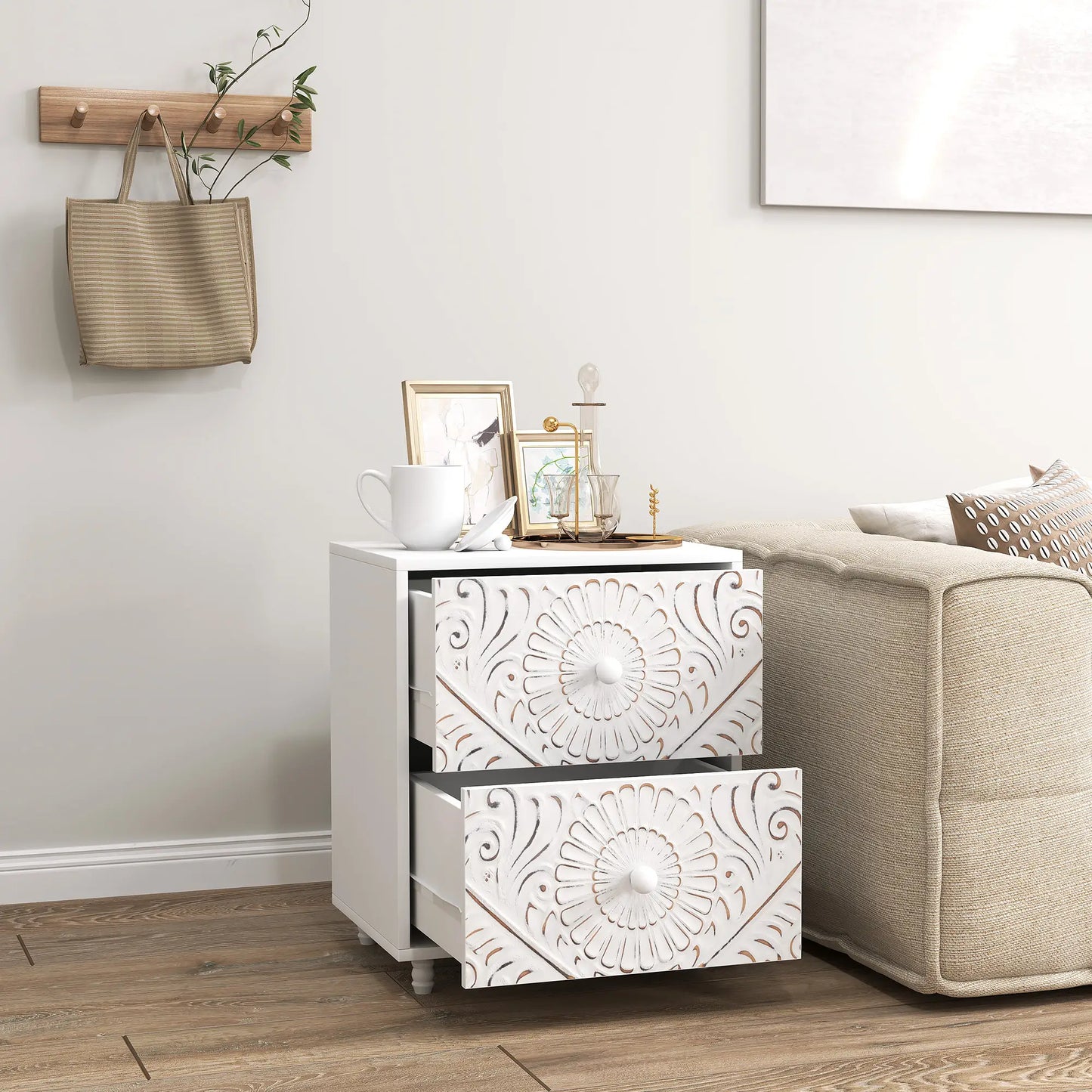 Mid-Century Bedside Table, Nightstand with 2 Drawers, White Bedside Tables at Gallery Canada