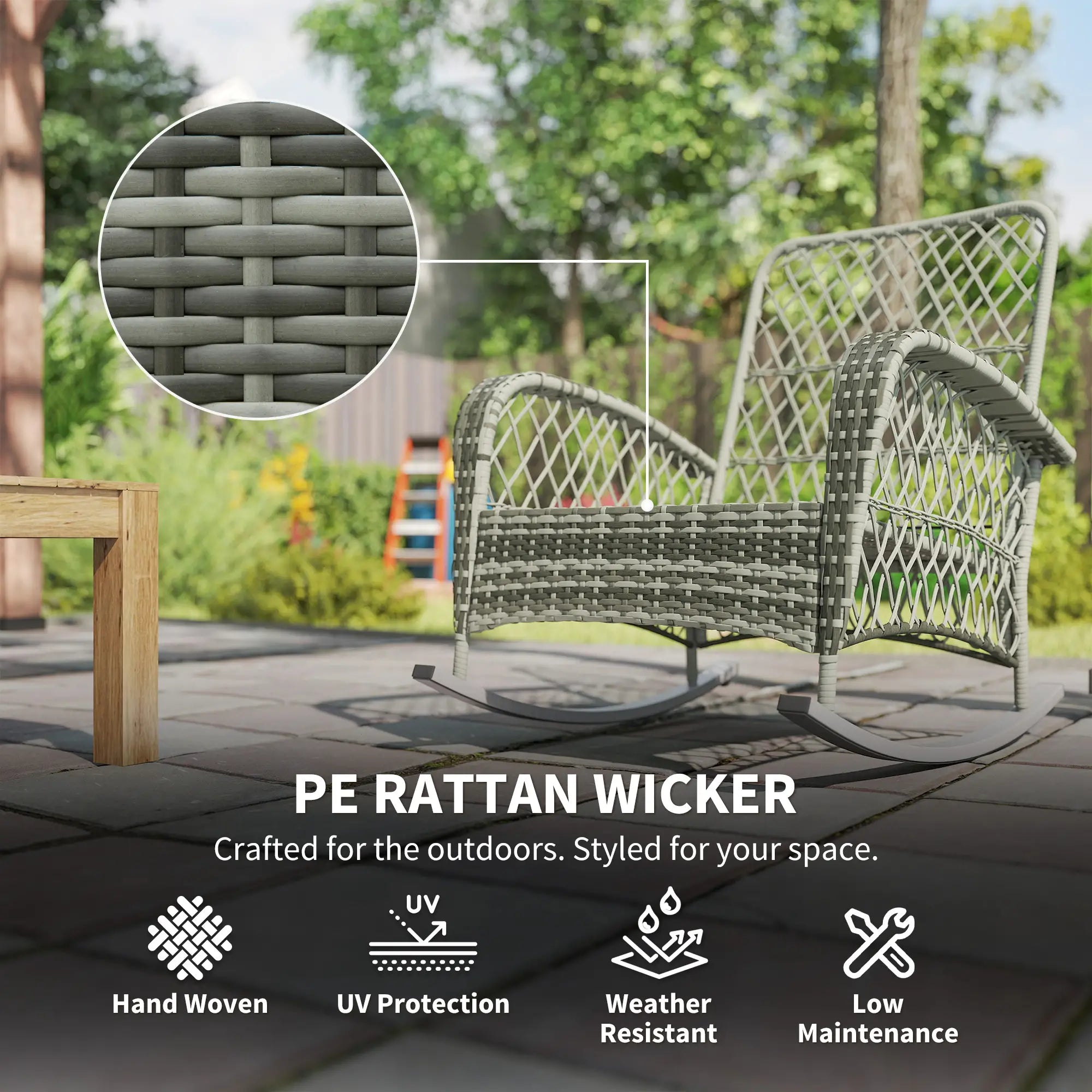 Rattan Rocking Chair, Outdoor Wicker Patio Rocker with Cushions, Khaki Outdoor Rocking Chairs at Gallery Canada