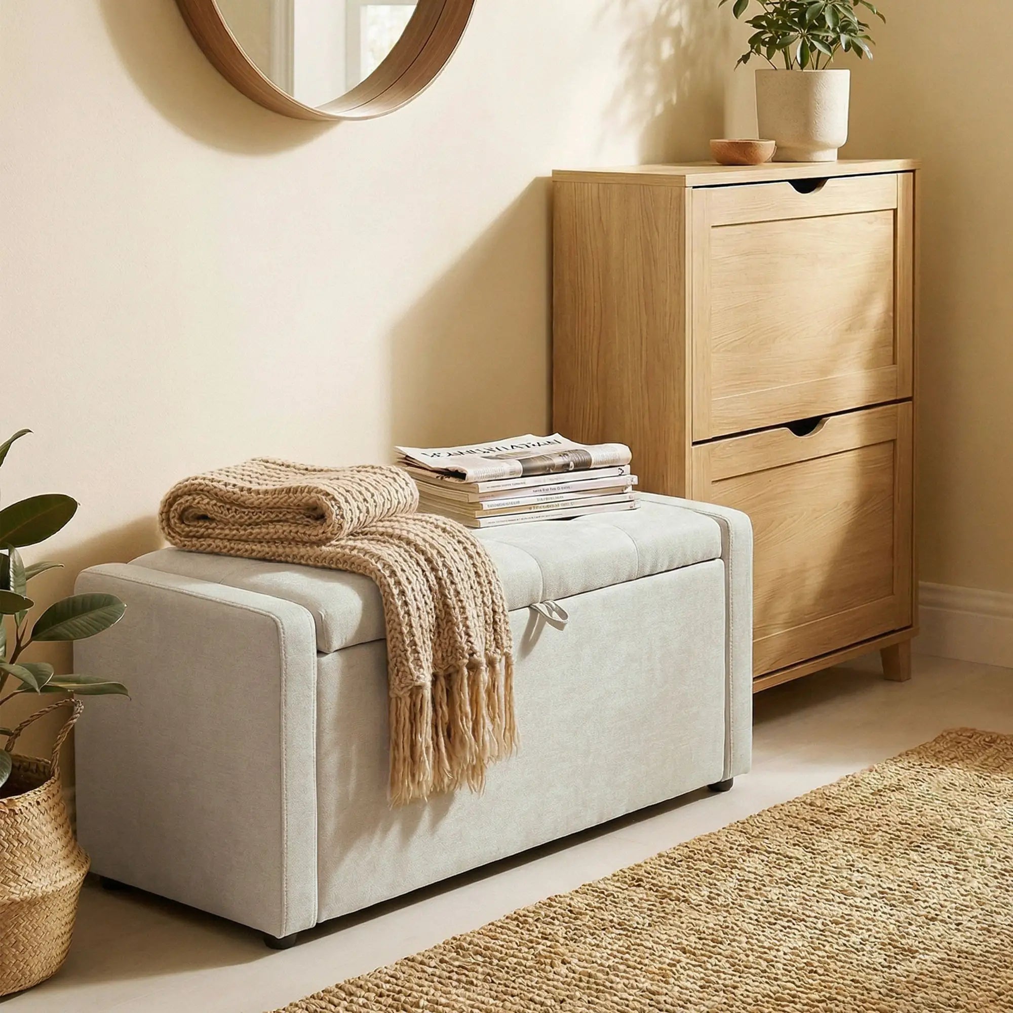Storage Ottoman Bench, Linen Fabric, Wide Padded Seat, Cream White Storage Ottomans & Benches at Gallery Canada