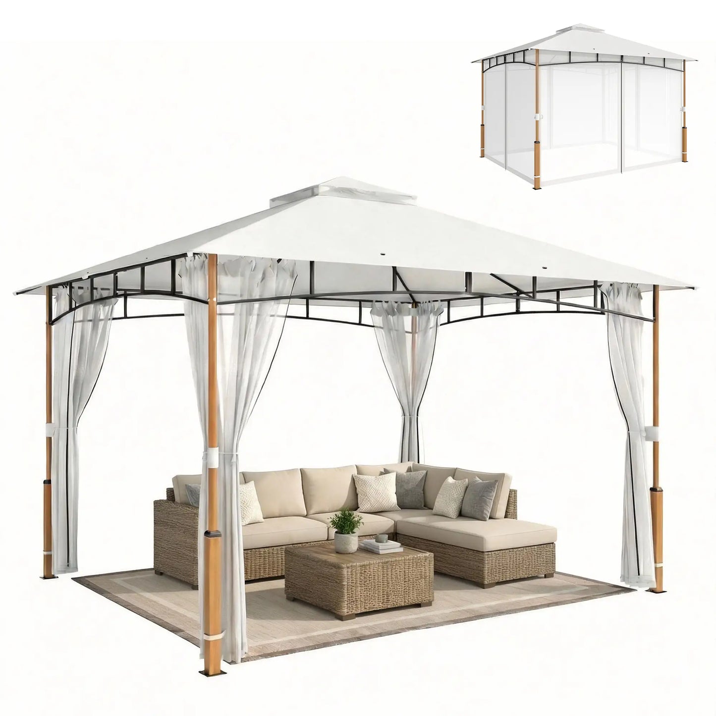 10' x 12' Cream White Patio Gazebo, UPF50+ Double Roof With Netting, Cream White Gazebos at Gallery Canada
