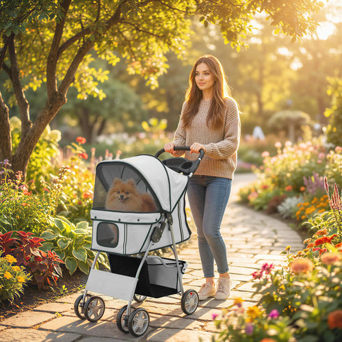 Foldable Pet Stroller, With Wheels, Reflective Strips, Brake, Pad, Basket, Grey