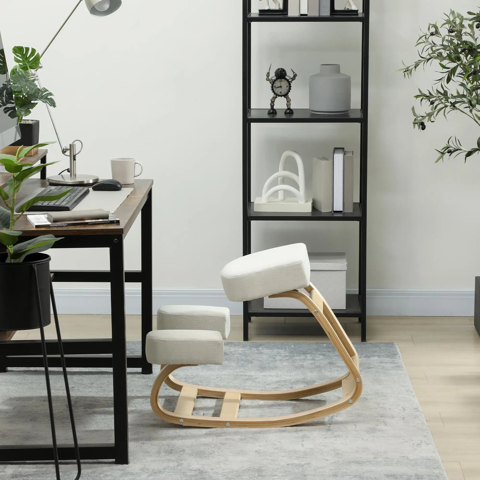 Ergonomic Kneeling Chair, Wood Stool with Thick Pads, Cream White Office Chairs at Gallery Canada