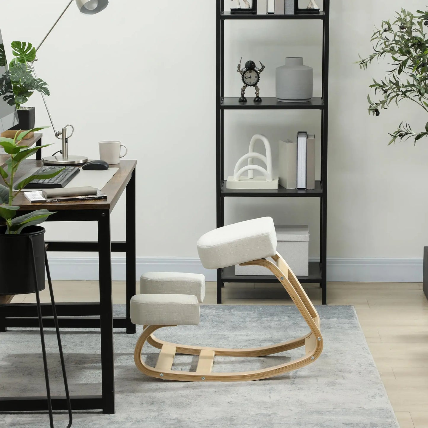 Ergonomic Kneeling Chair, Wood Stool with Thick Pads, Cream White Office Chairs at Gallery Canada