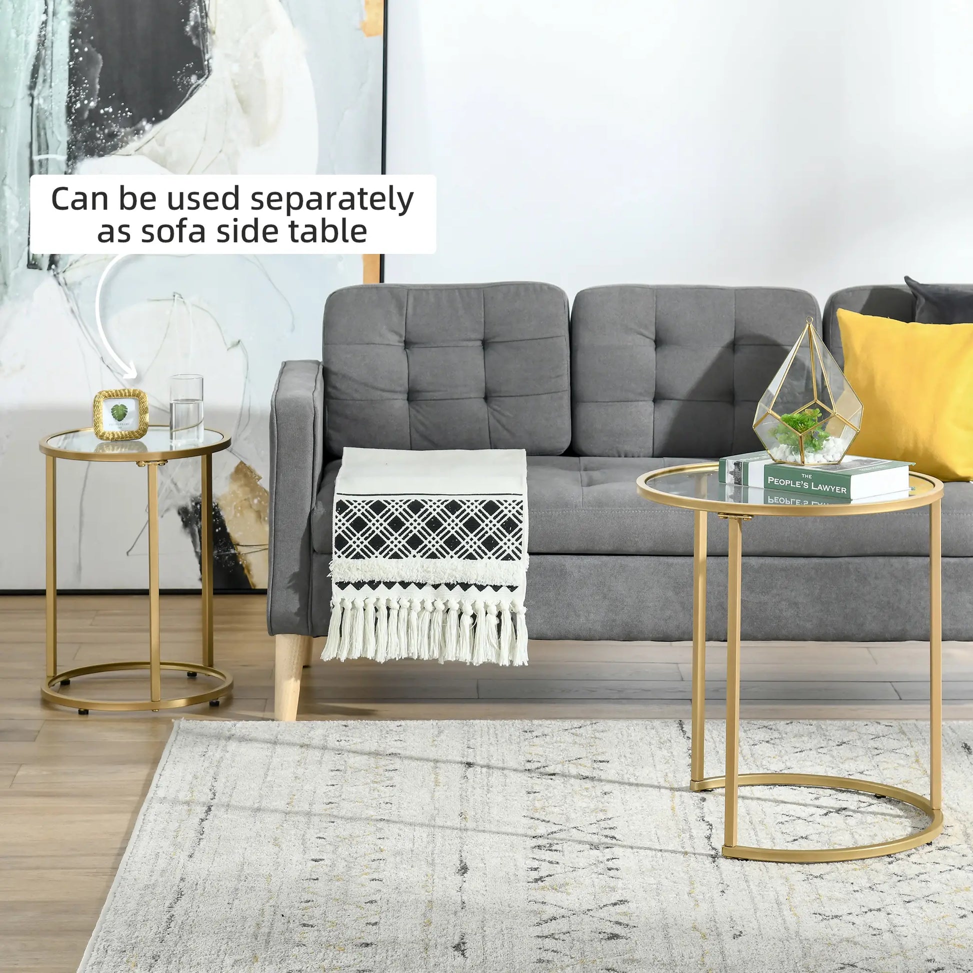 Set of 2 Nesting Coffee Tables, Round Side Table with Tempered Glass, Gold Side Tables at Gallery Canada