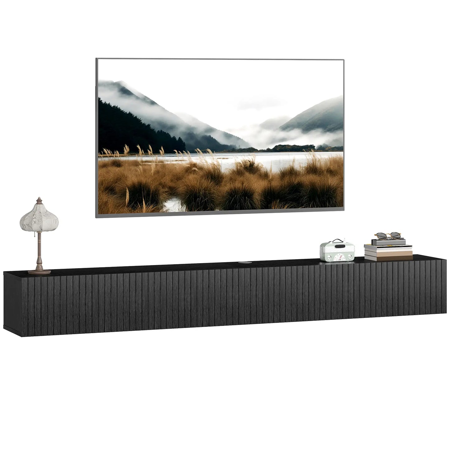 71 Inch Floating TV Stand, Wall Mount Media Console, 2 Fluted Doors, Black TV Stands at Gallery Canada