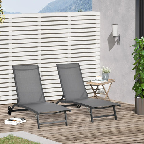 Outdoor Lounge Chair Set of 2, Breathable Mesh, Wheels, Dark Grey