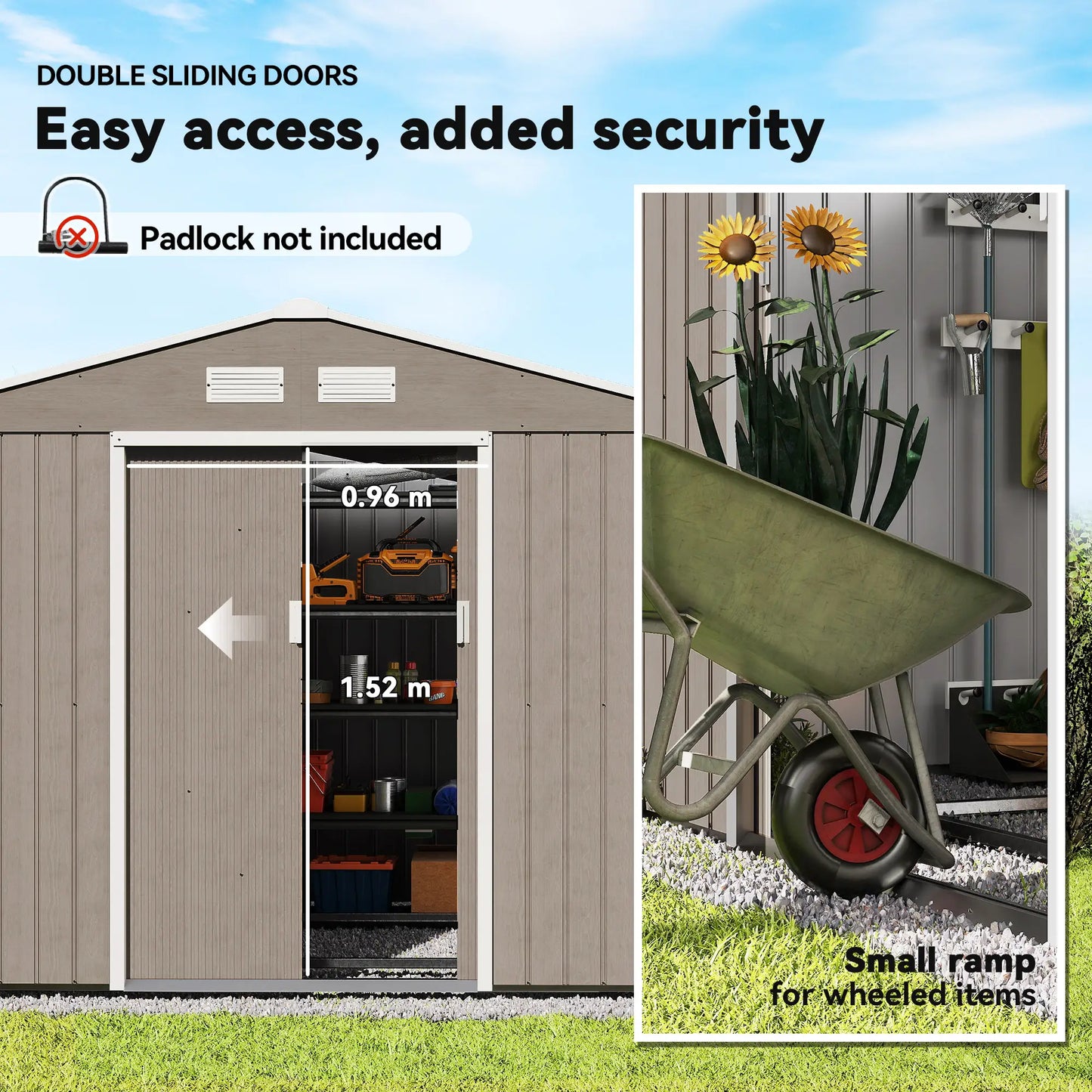 9.1'x6.4'x6.3' Garden Storage Shed, Foundation Kit, Metal Tool House, Double Doors, Light Brown Sheds at Gallery Canada