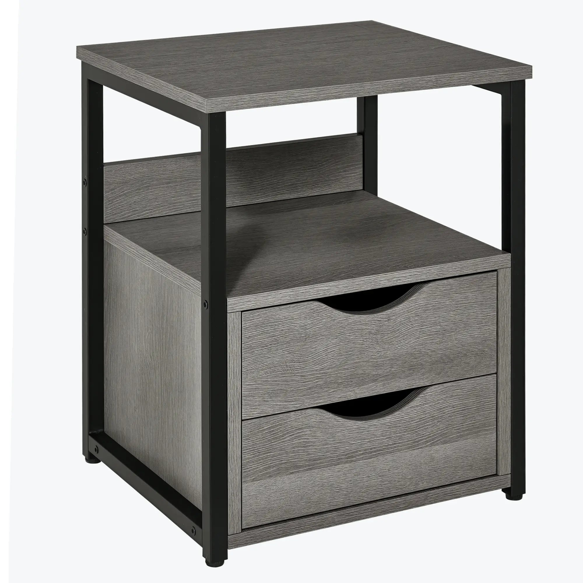 Industrial Nightstand, 2 Drawers with Storage Shelf, Grey Side Tables at Gallery Canada