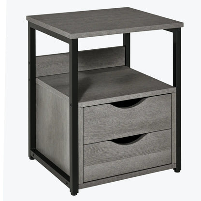 Industrial Nightstand, 2 Drawers with Storage Shelf, Grey Side Tables at Gallery Canada