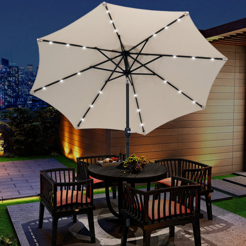 8.8ft Solar Patio Umbrella, 24 LED Lights, Tilt Canopy, Cream