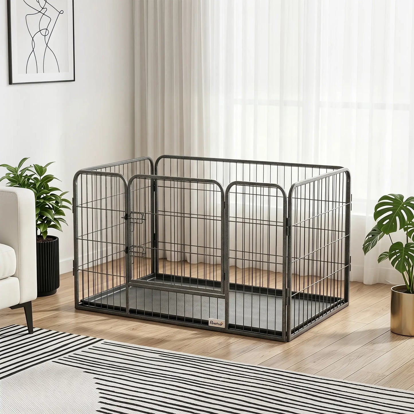 4 Panel Dog Playpen, 28" H Portable Pet Fence With Door, Tray, Grey Dog Cages & Crates at Gallery Canada