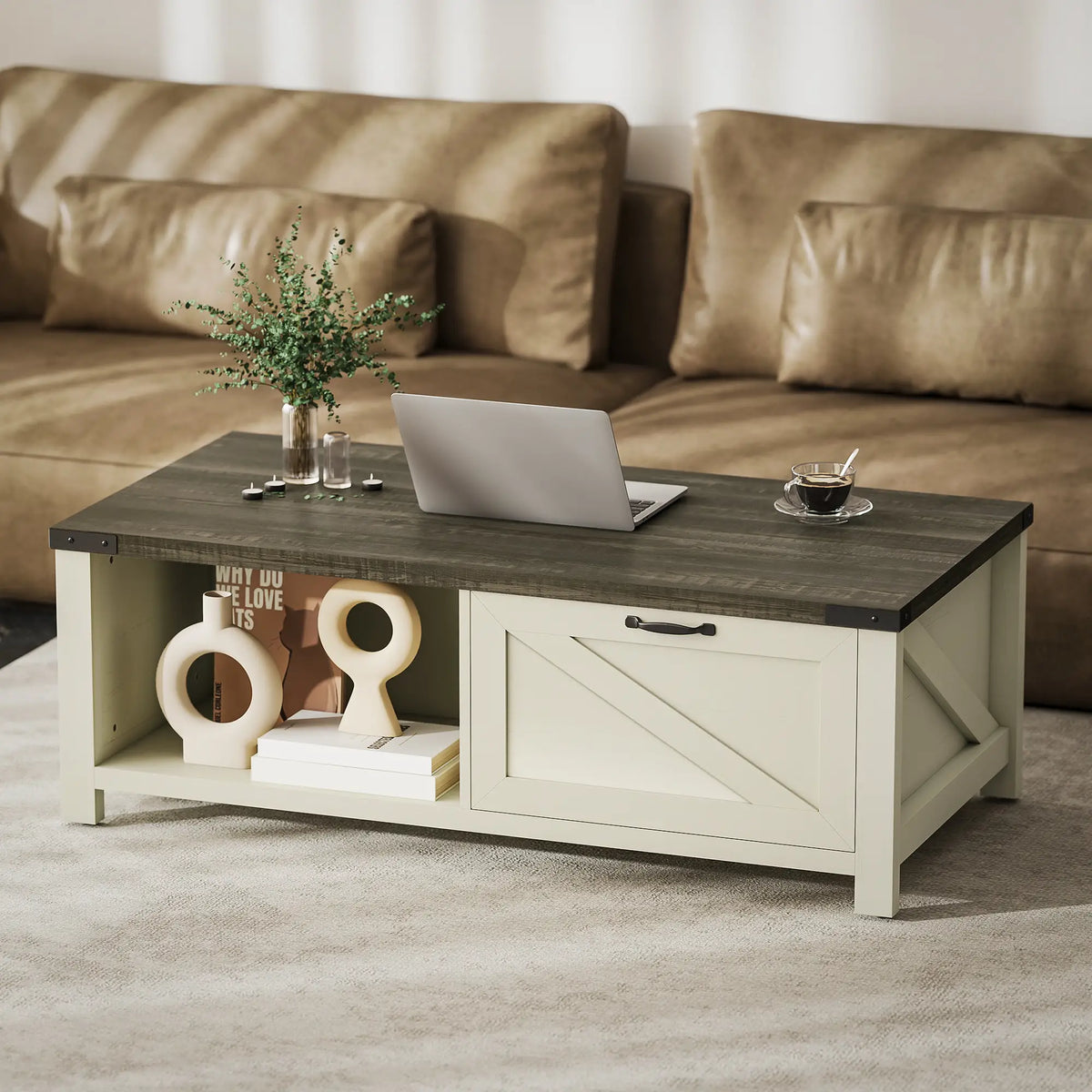 Farmhouse Coffee Table with Drawer, Open Shelf, Distressed White Coffee Tables at Gallery Canada