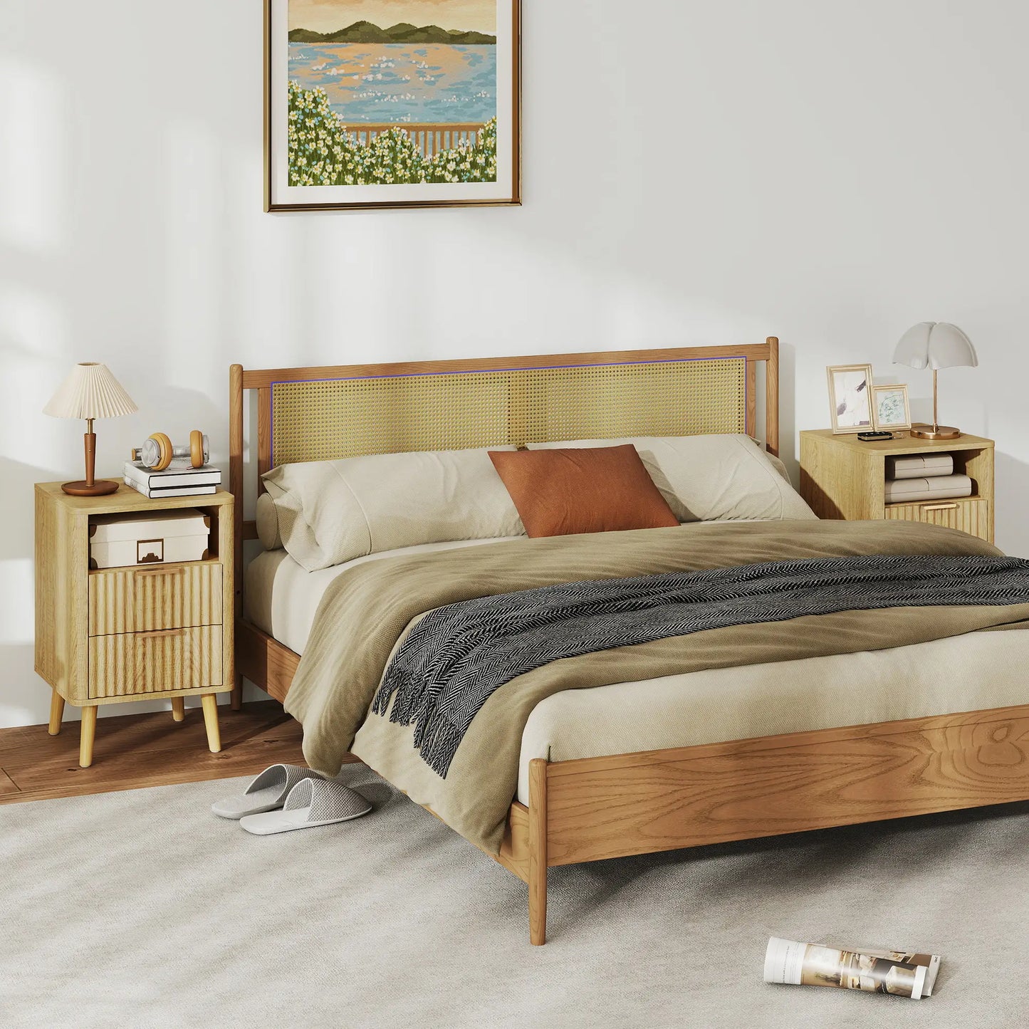 Modern Nightstands Set Of 2, Charging Station, 2 Drawers, Open Shelf, Oak Bedside Tables at Gallery Canada