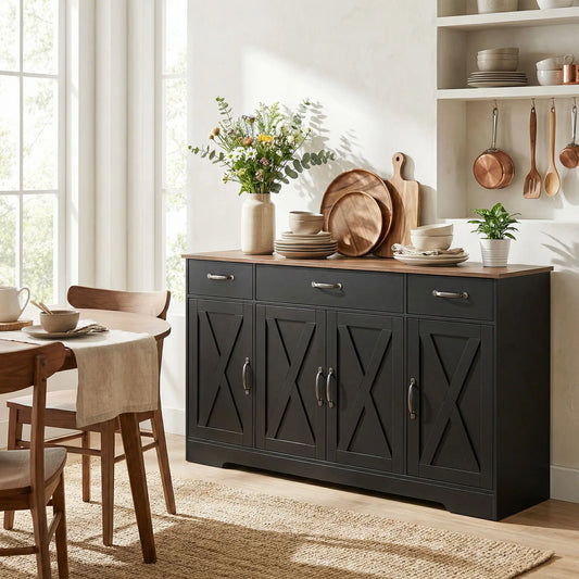 55" Sideboard Buffet Cabinet, Farmhouse Kitchen, 4 Barn Doors, 3 Drawers, Black Bar Cabinets Black, Dark Brown at Gallery Canada