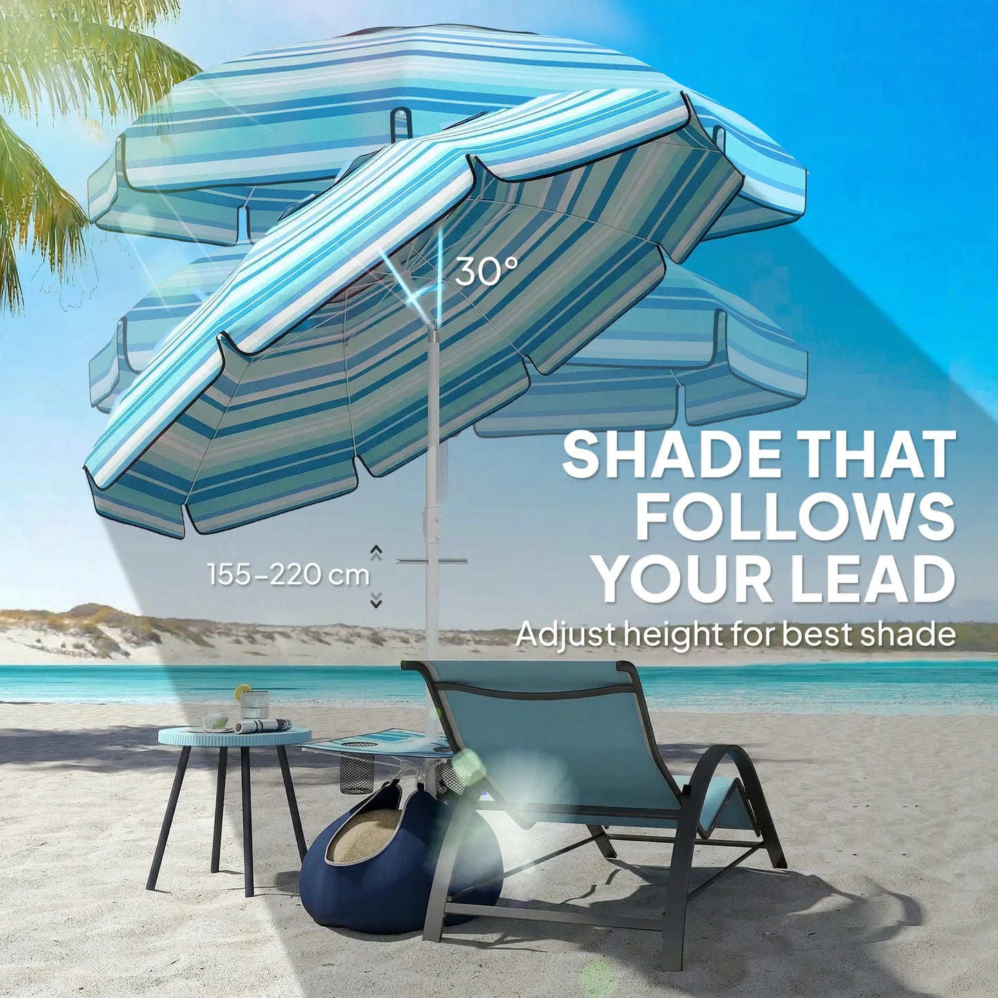 6 ft Portable Beach Umbrella With Foldable Table, Tilting Sun Shade, Dark Blue