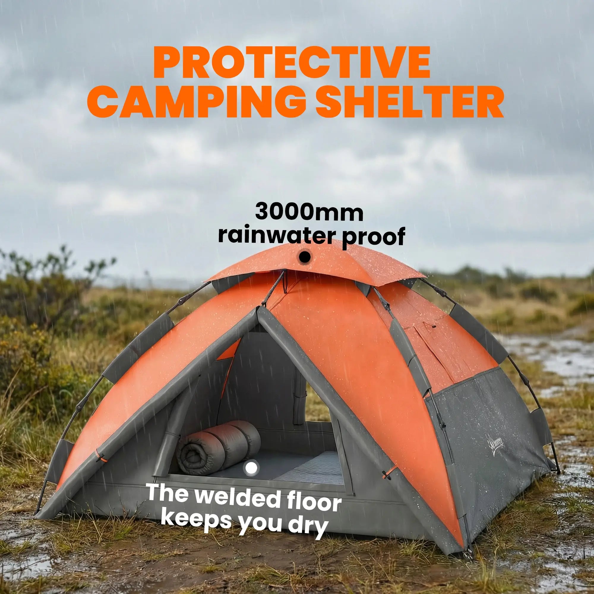 Pop up Camping Tent, 3-4 Man Family Tent, 3000mm Waterproof, with Carry Bag and Top Hook, Dark Grey and Orange Camping Tents at Gallery Canada