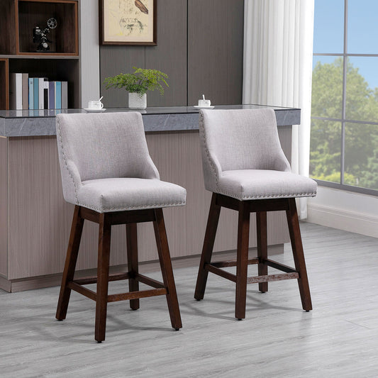 Swivel Bar stool Set of 2 Armless Upholstered Bar Chairs with Nailhead-Trim, Wood Legs, Light Grey - Gallery Canada