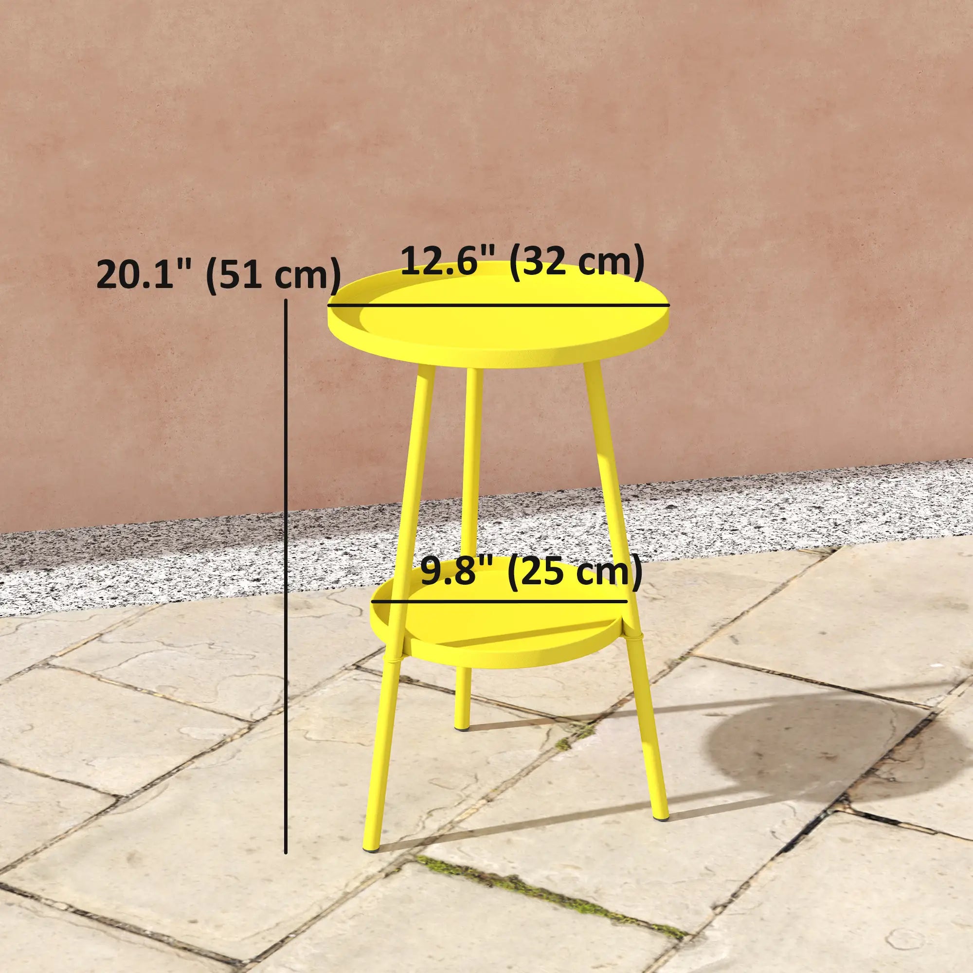 Round Garden Table, 2-Tier Small Side Table, Metal Patio Table, Yellow Patio Side Tables at Gallery Canada