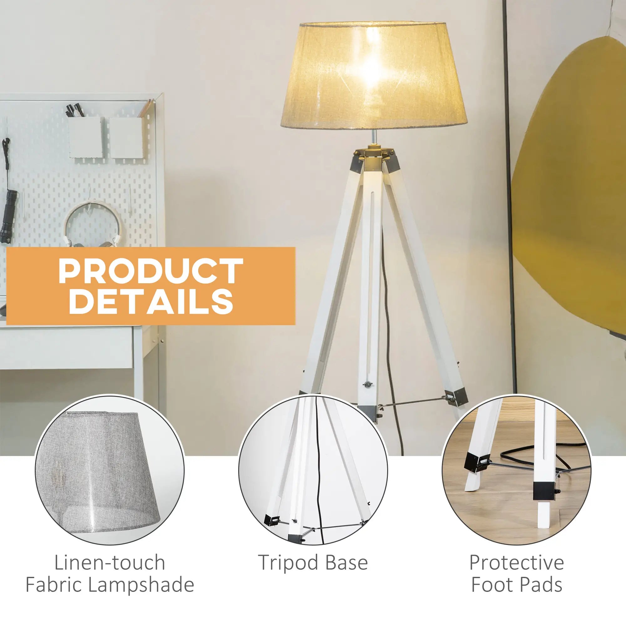 Adjustable Height Wooden Floor Lamp, E26 Base, and Grey, White Floor Lamps & Ceiling Fan Lights at Gallery Canada