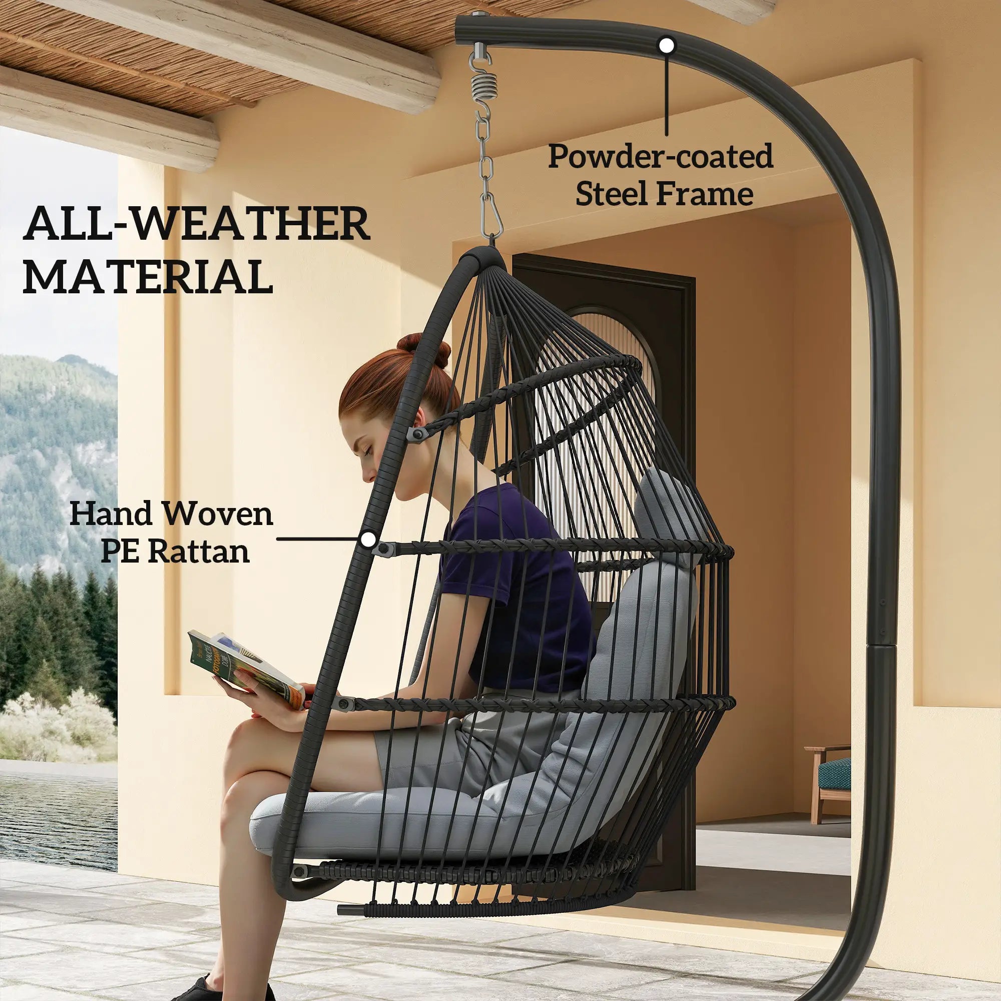 Wicker Egg Swing Chair, Foldable with Stand, UV Resistant Cushion, Headrest, Dark Grey Patio Swings with Stand at Gallery Canada