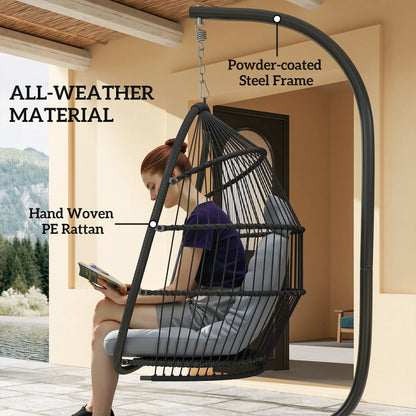 Wicker Egg Swing Chair, Foldable with Stand, UV Resistant Cushion, Headrest, Dark Grey Patio Swings with Stand at Gallery Canada