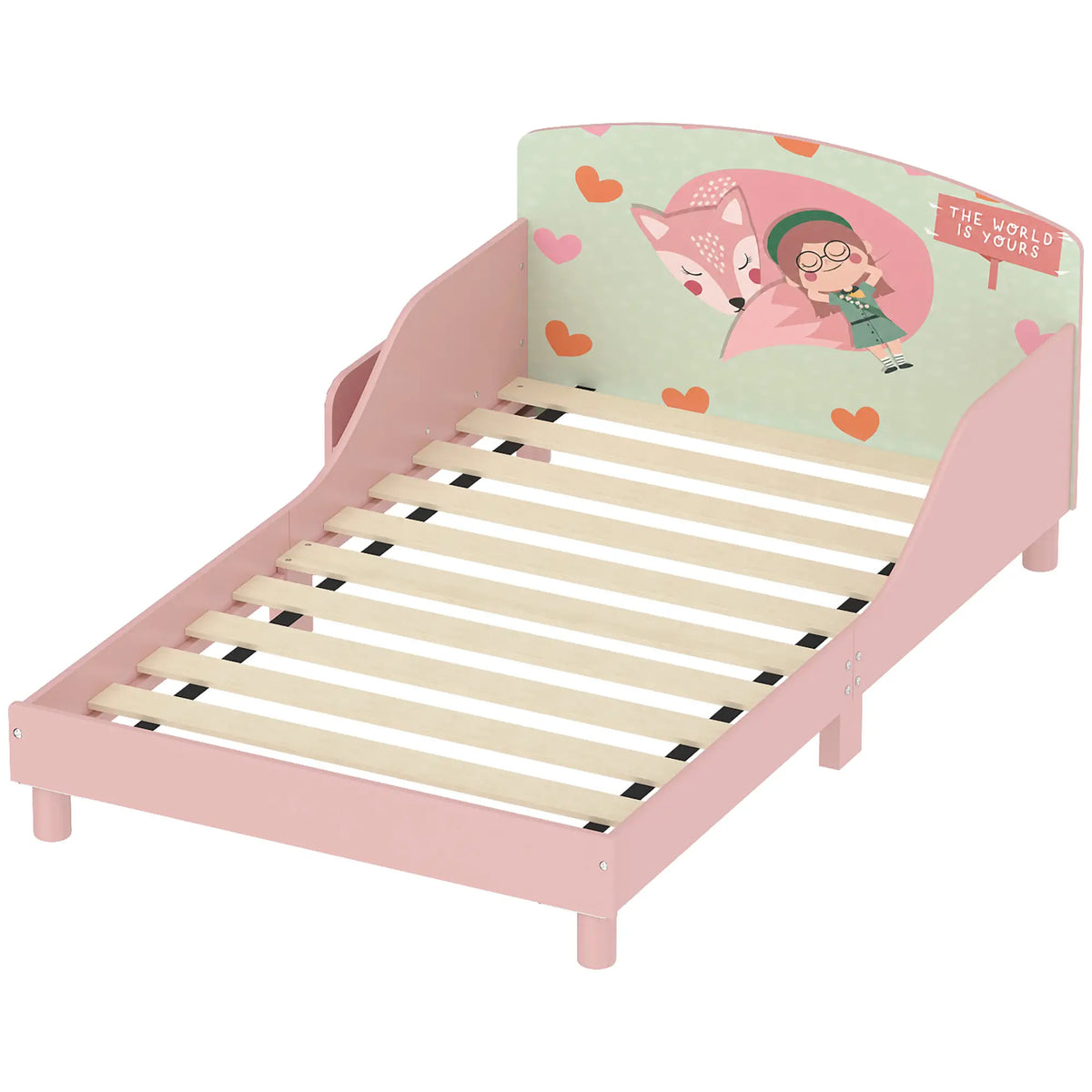 Toddler Bed, Bedside Storage, Guard Rails, 132x70x10cm, Pink Fox Print
