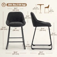 Chenille Bar Stools Set of 2 Counter Height Chairs, Black