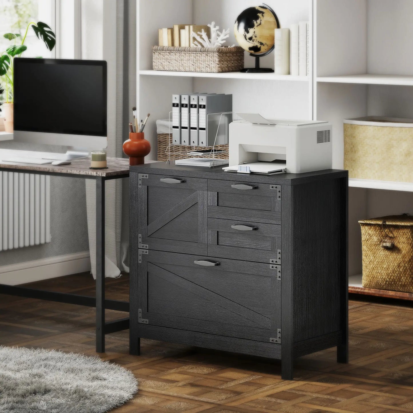 Lateral Filing Cabinet, 4 Drawers, Fits Letter/A4/Legal Files, Black Wood Grain, Black Office Cabinets & Cupboards at Gallery Canada