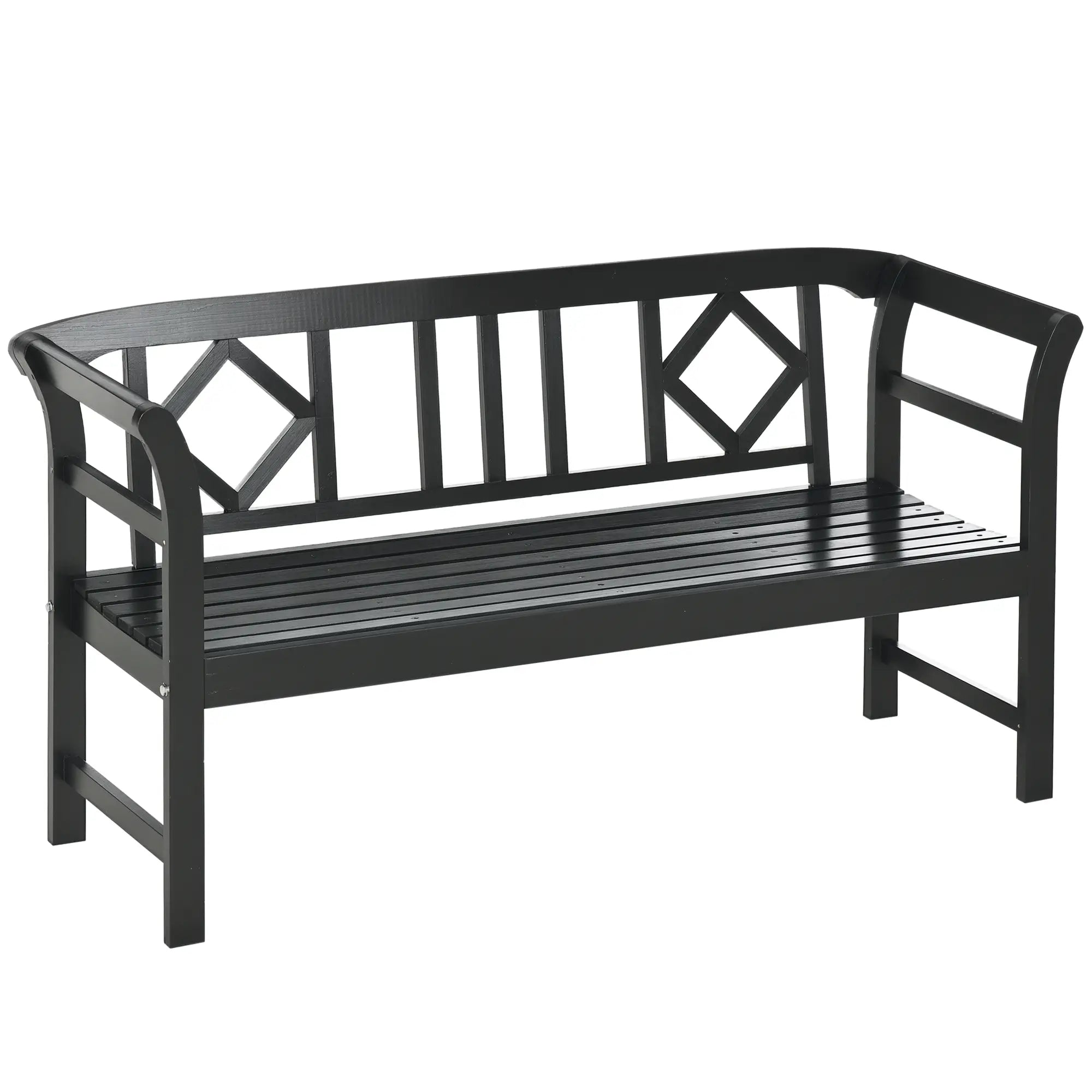 Wooden Outdoor Bench, 3 Person, Diamond Backrest, Slatted Seat, 792 LBS, Black Outdoor Benches at Gallery Canada