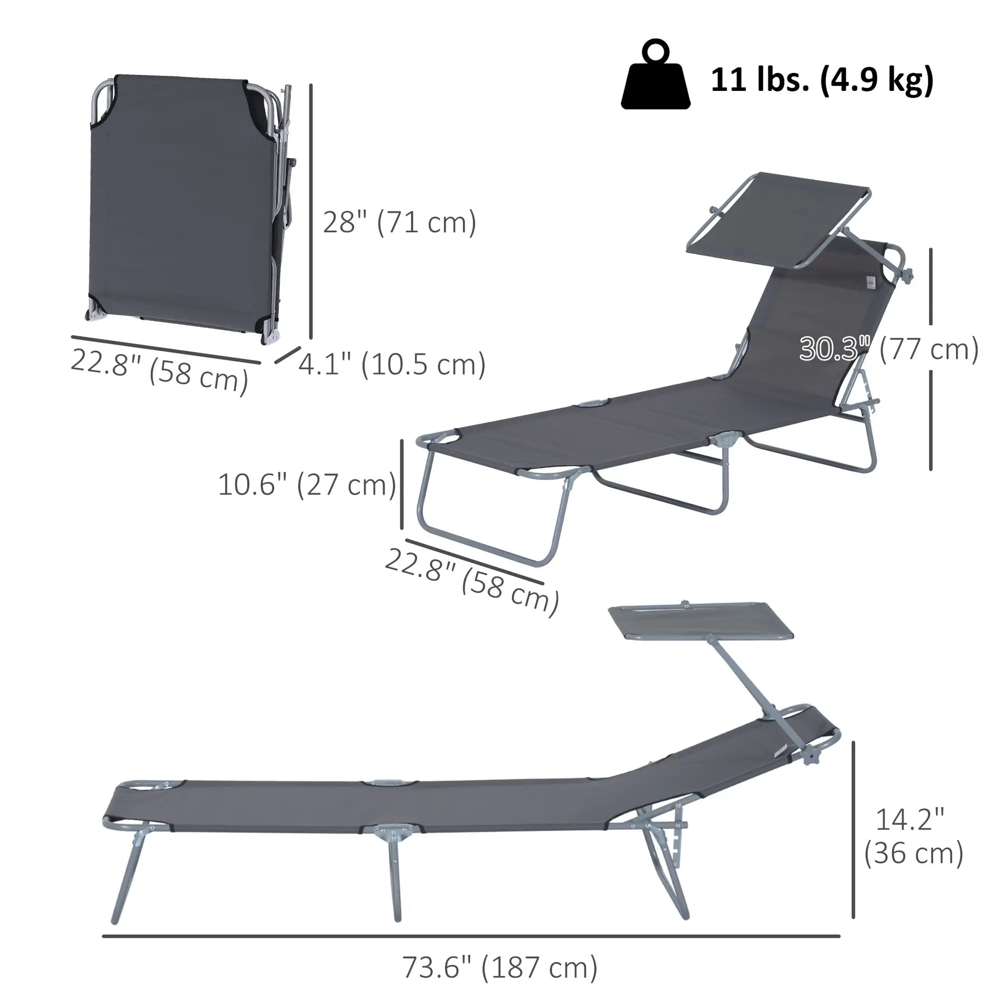 Outdoor Lounge Chair, Adjustable Folding Chaise, Tanning Chair with Shade, Grey Lounger Chairs at Gallery Canada
