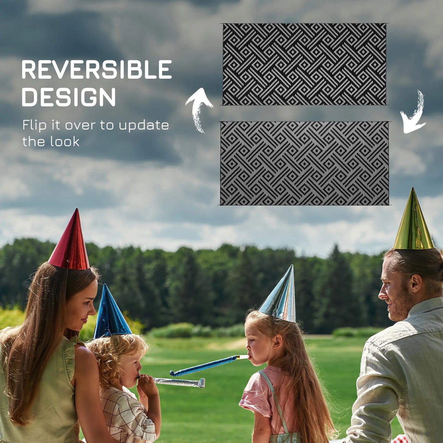 Reversible Outdoor Rug, Waterproof, 9' x 18', Geometric, Black Grey Outdoor Reversible Rugs at Gallery Canada