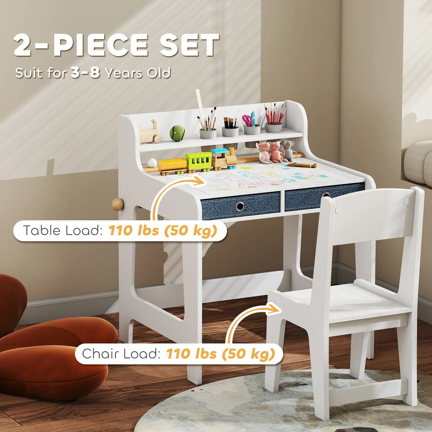 Kids Study Table and Chair Set, Art Desk with Storage Shelf, 3-8 Year Old