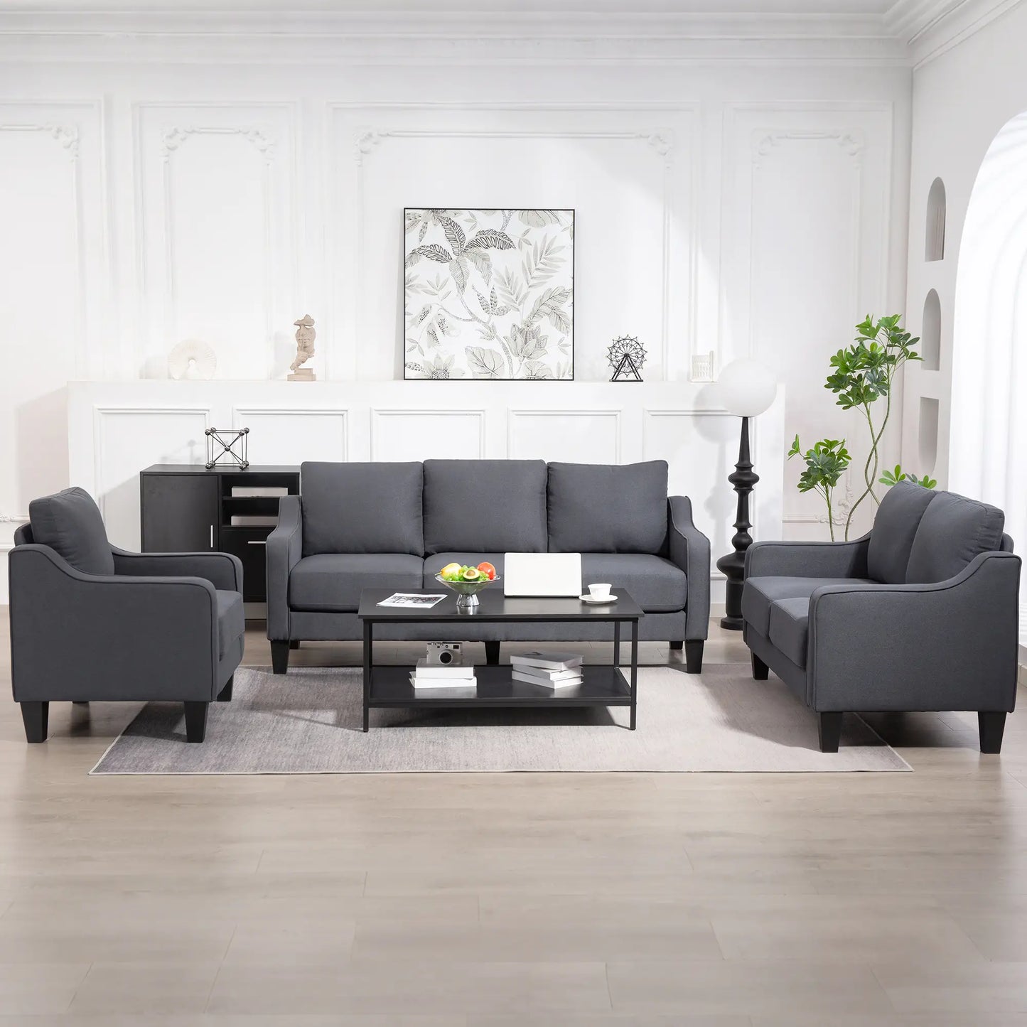 3 Seater Sofa, Modern Pocket Spring Couch, Linen Upholstered, Charcoal Grey 3-Seater Sofas at Gallery Canada