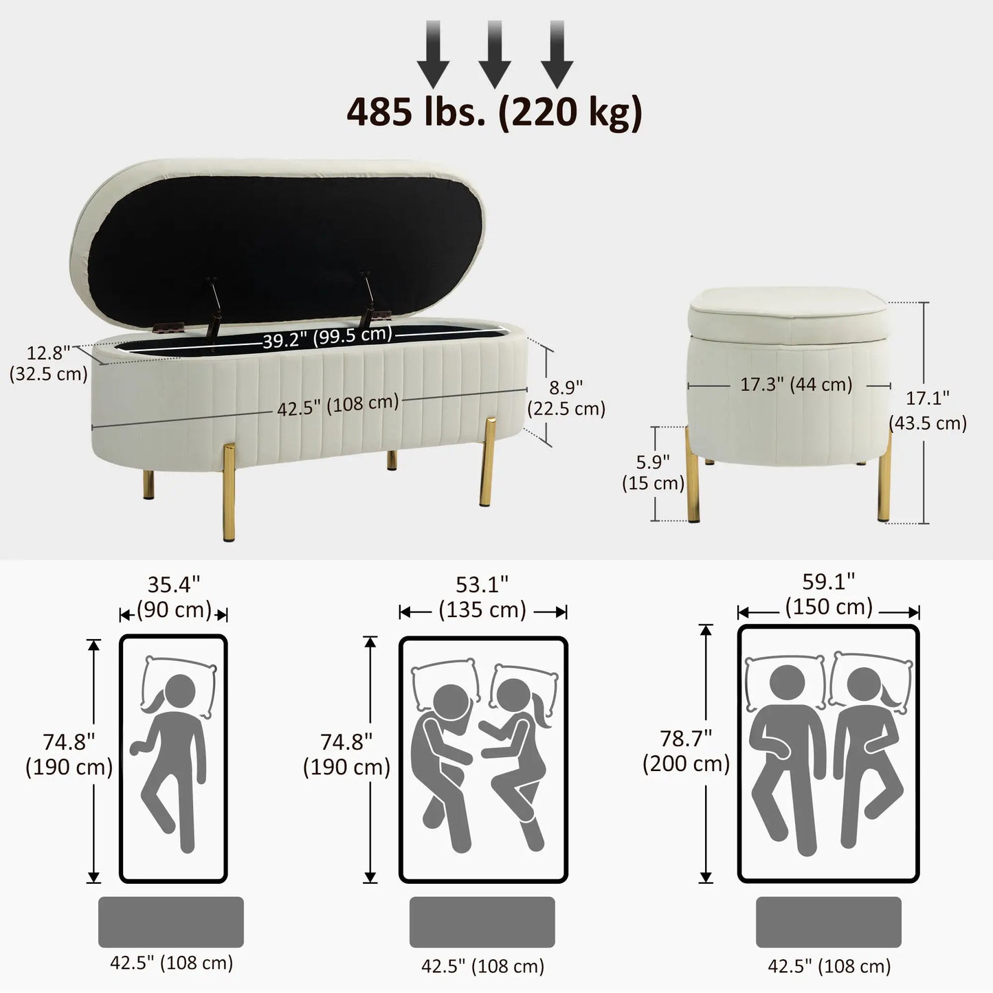 Upholstered Channel Tufted Ottoman Bench, Thick Padding, Metal Legs, Cream White Storage Ottomans & Benches at Gallery Canada