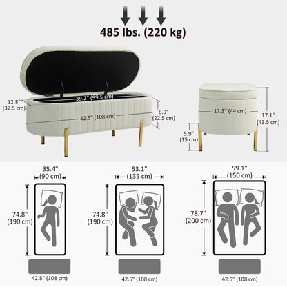 Upholstered Channel Tufted Ottoman Bench, Thick Padding, Metal Legs, Cream White Storage Ottomans & Benches at Gallery Canada