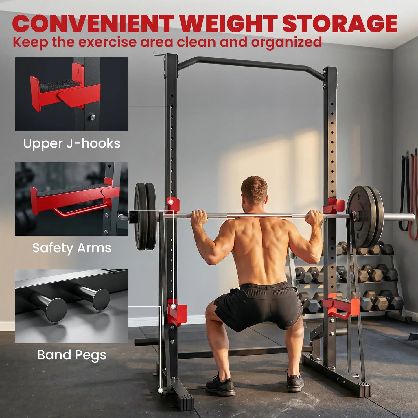Power Cage Squat Rack, 1100LB, Pull-Up Bar, J-Hooks, Plate Storage
