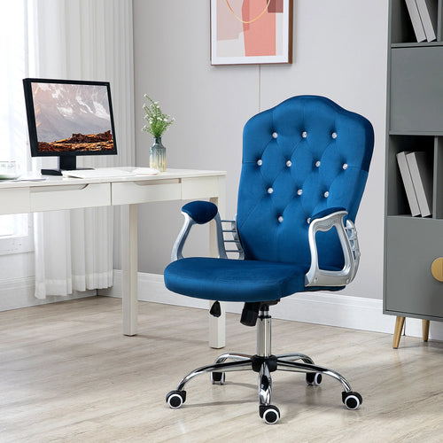 Velvet Office Chair, Button Tufted, Swivel Wheels, Adjustable Height, Blue