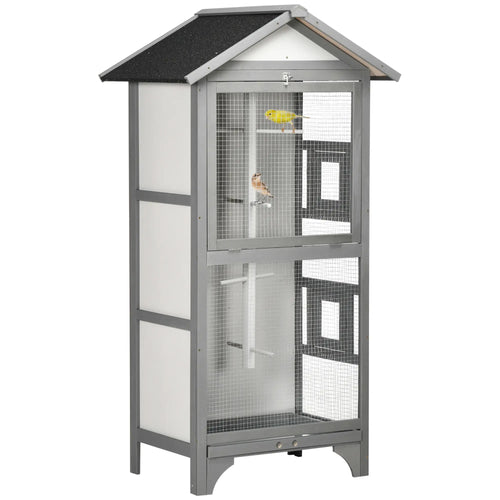Wooden Bird Aviary Parrot Cage, Removable Tray, 2 Doors, 4 Perches, Light Grey