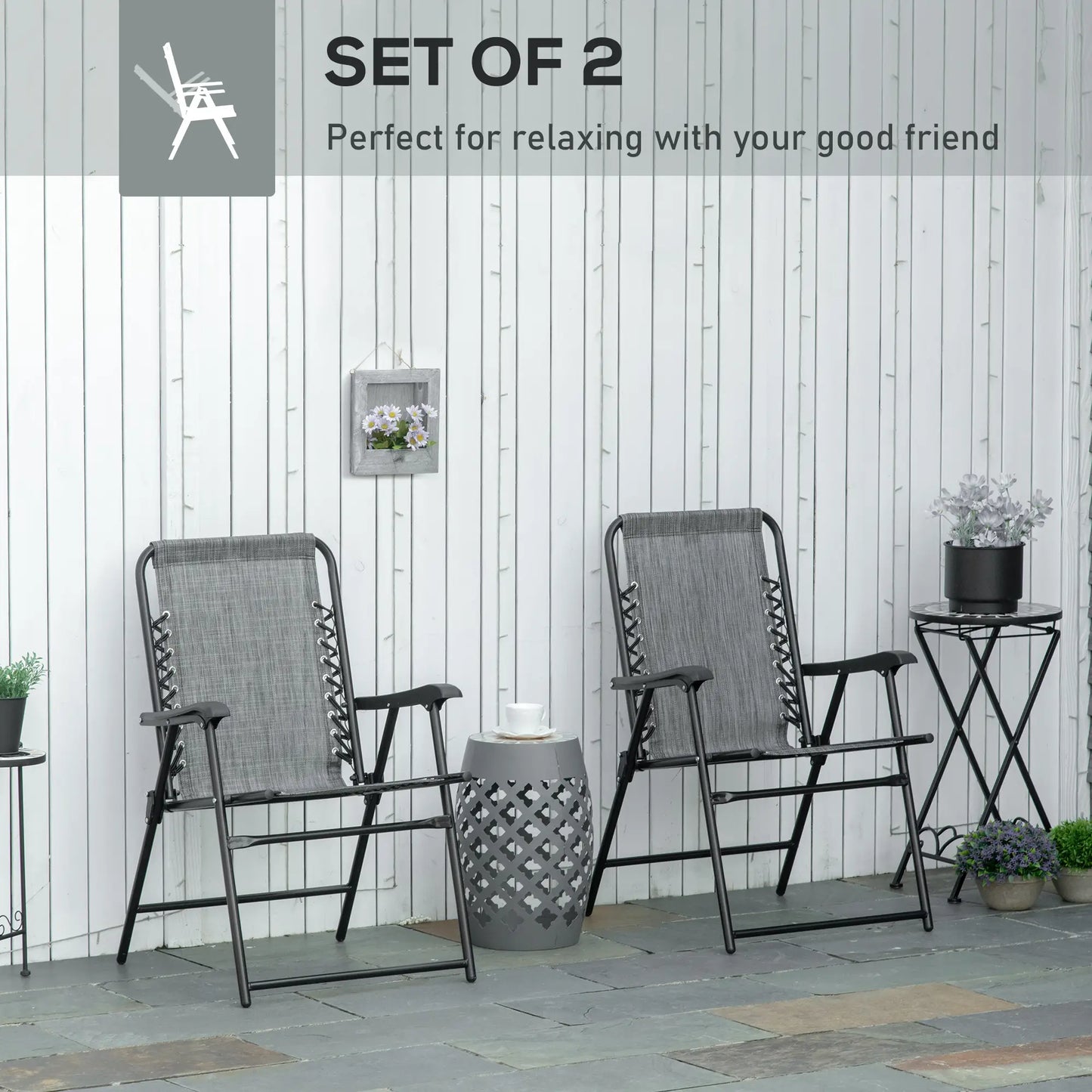 2-Piece Outdoor Folding Chair Set, Portable Camping Chairs with Armrests, Grey Patio Chairs at Gallery Canada