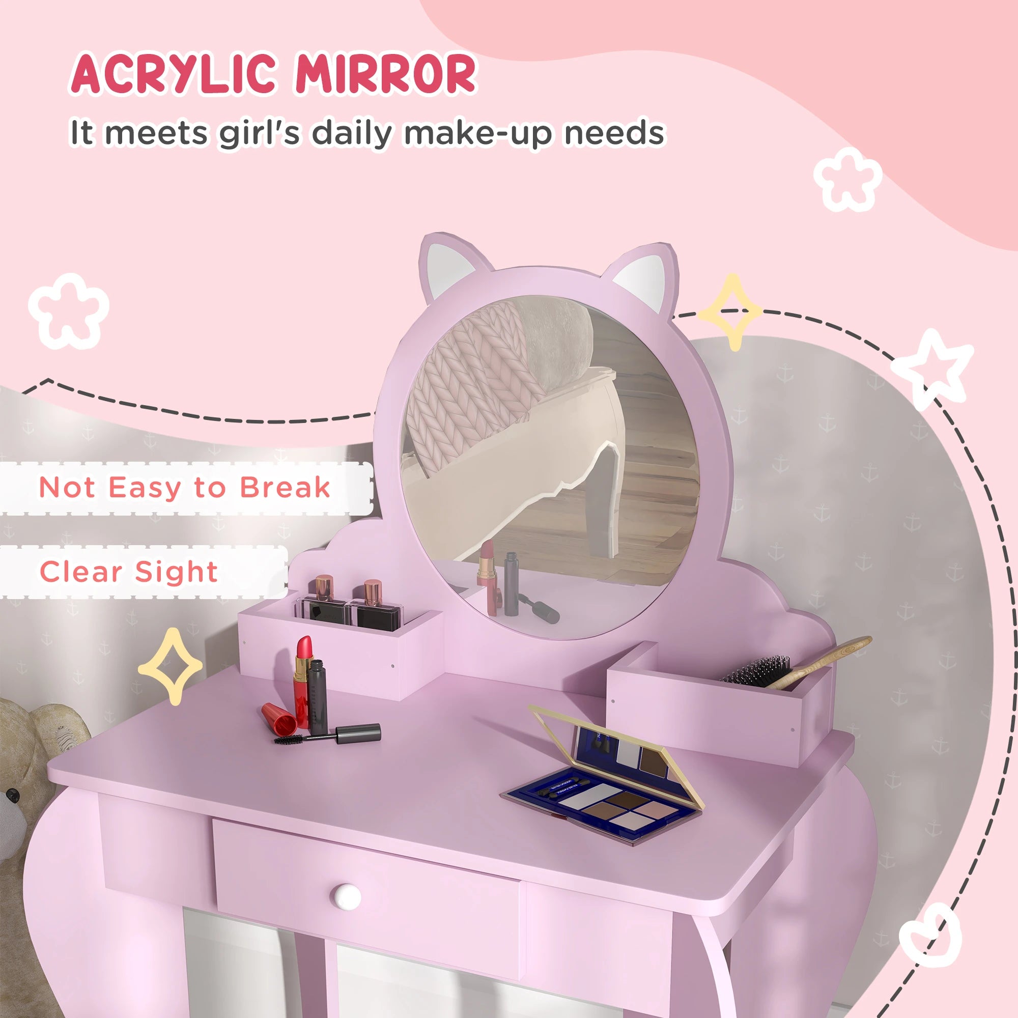 Cat Design Makeup Vanity with Mirror, Stool, Drawer, Pink Toy Vanity at Gallery Canada