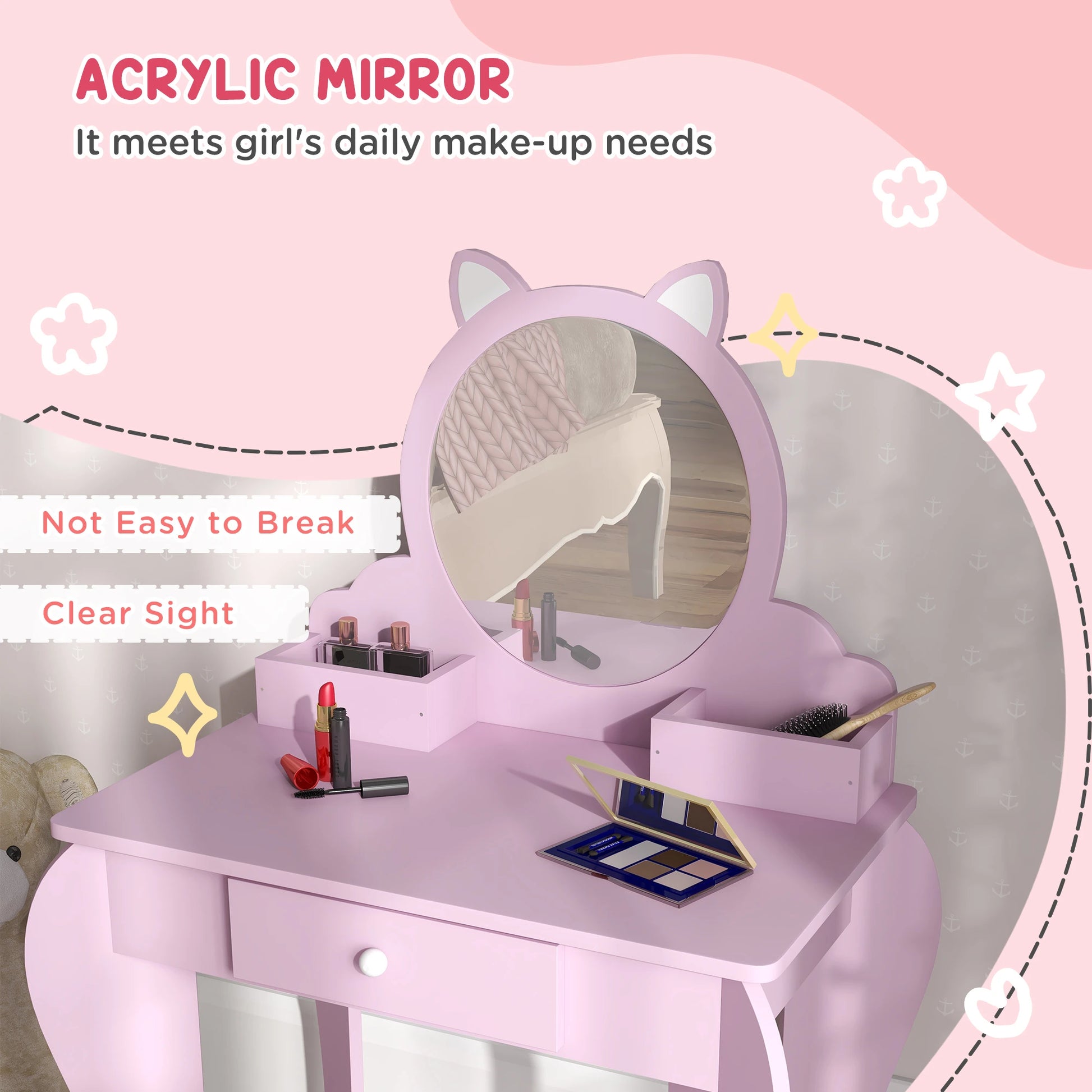 Cat Design Makeup Vanity with Mirror, Stool, Drawer, Pink Toy Vanity at Gallery Canada