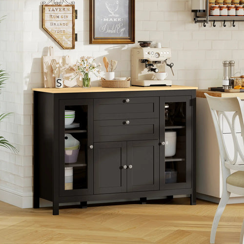 Buffet Cabinet Sideboard, 2 Drawers, 3 Storage Cabinets, Glass Doors, Dark Brown