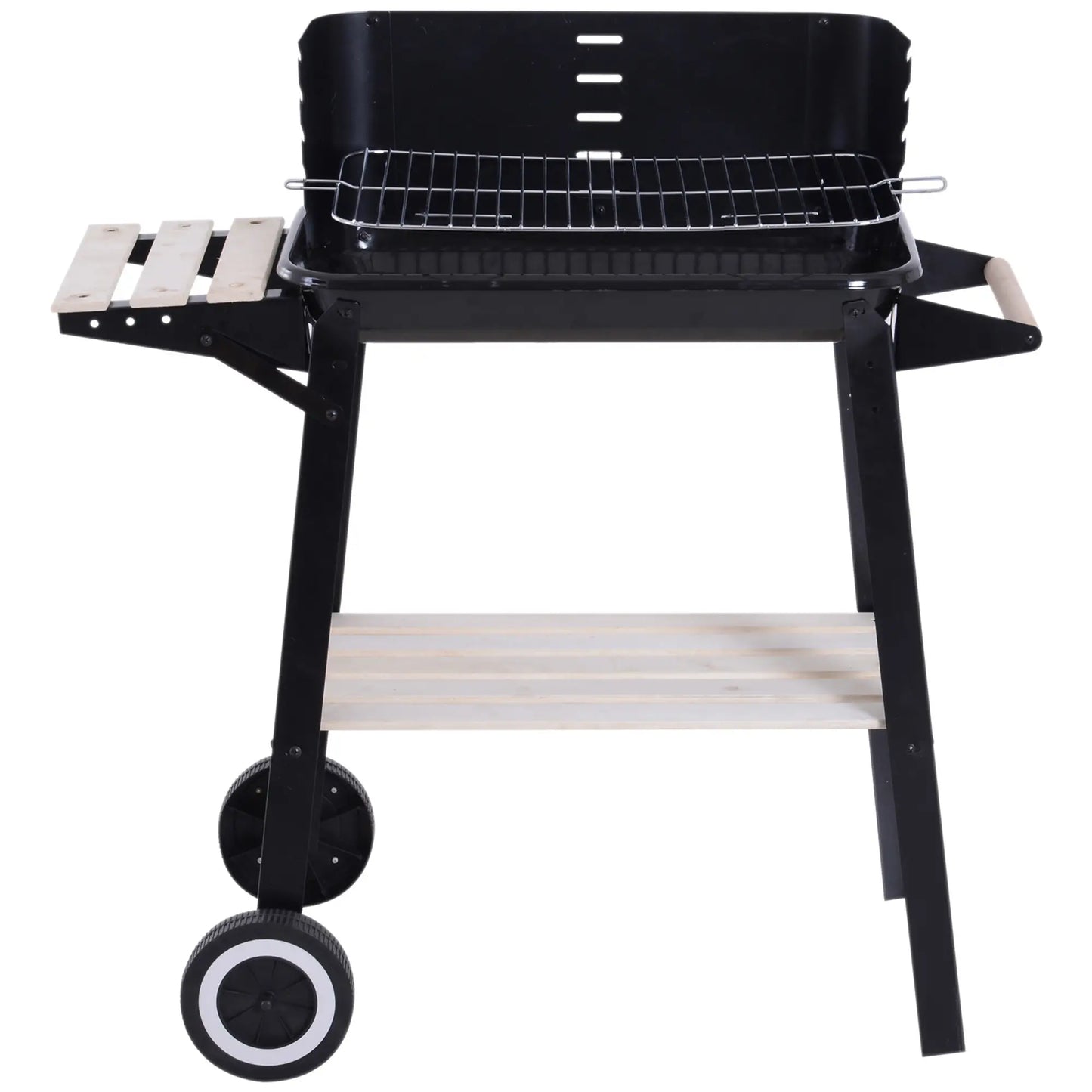 Charcoal BBQ Grill With Side Trays, Storage Shelf, Wheels